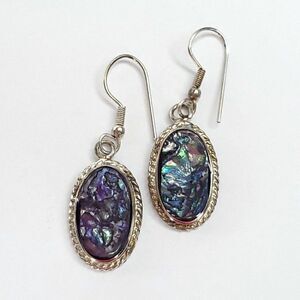 Oval Abalone Dangle Earrings In Alpaca Mexico Silver Rope Frame